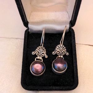 Peacock pearl sterling Silver earrings. Bali crafted Dangle drops,  1 1/2"  New